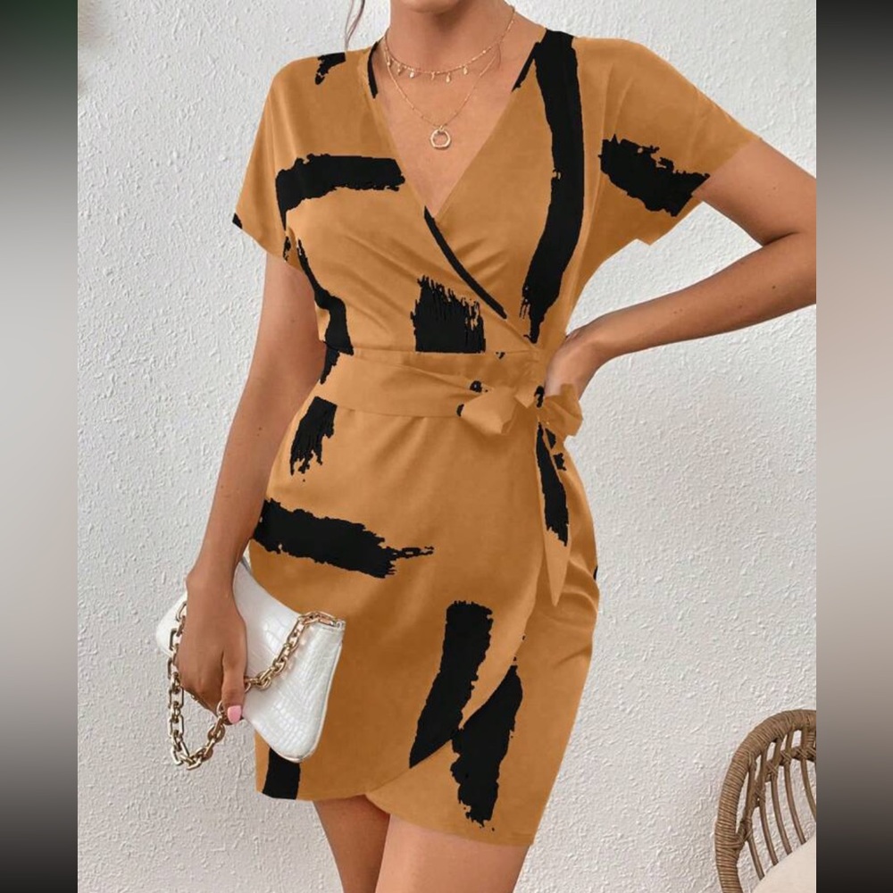 Boho brushed print knot side wrap hem mojo dress